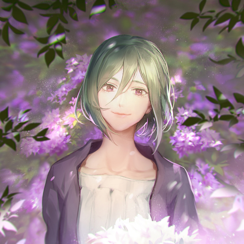 1girl, flower, green_hair, hair_between_eyes, kagerou_project, kido_tsubomi, leaf, leclle