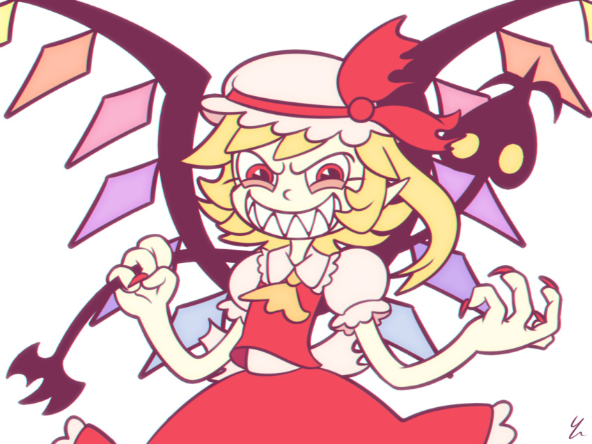 1girl, ascot, bare_arms, blonde_hair, crystal, cuphead_(game), evil_eyes, evil_grin