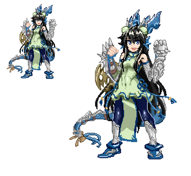 1girl, arms_up, bangs, black_hair, blue_eyes, blue_legwear, china_dress, chinese_clothes, detached_sleeves, dragon_girl, dragon_horns, dress, fingerless_gloves, gauntlets, gloves, greaves, green_dress, hair_ornament, head_fins, horns, karin_(p&amp;d), lace, long_hair, looking_at_viewer, open_mouth, p_(tidoriashi), pantyhose, pixel_art, puzzle_&amp;_dragons, shoes, simple_background, solo, spiked_knuckles, spikes, standing, tagme, tail, very_long_hair, weapon, white_background