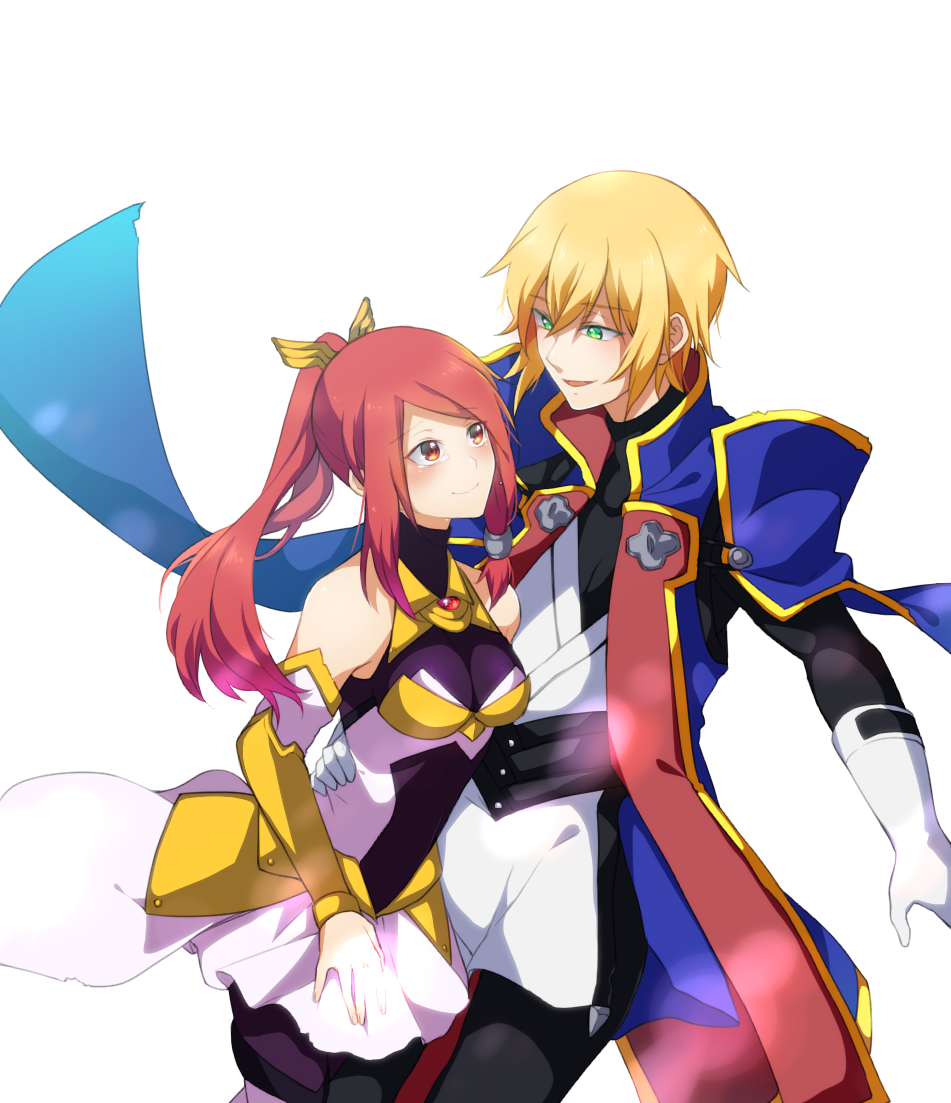 1boy, 1girl, blazblue, blonde_hair, couple, gloves, green_eyes, izayoi_(blazblue), kisaragi_jin, long_hair, lor_(roasyerizyonirapi), ponytail, red_eyes, redhead, simple_background, smile, tears, tsubaki_yayoi, uniform, white_background