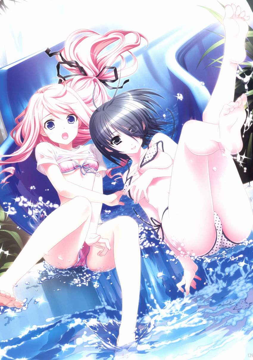 2girls, :o, absurdres, ass, bangs, barefoot, bikini, black_eyes
