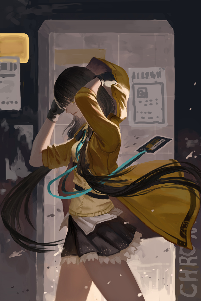 1girl, arms_up, bangs, black_gloves, black_hair, black_skirt, blunt_bangs, breasts