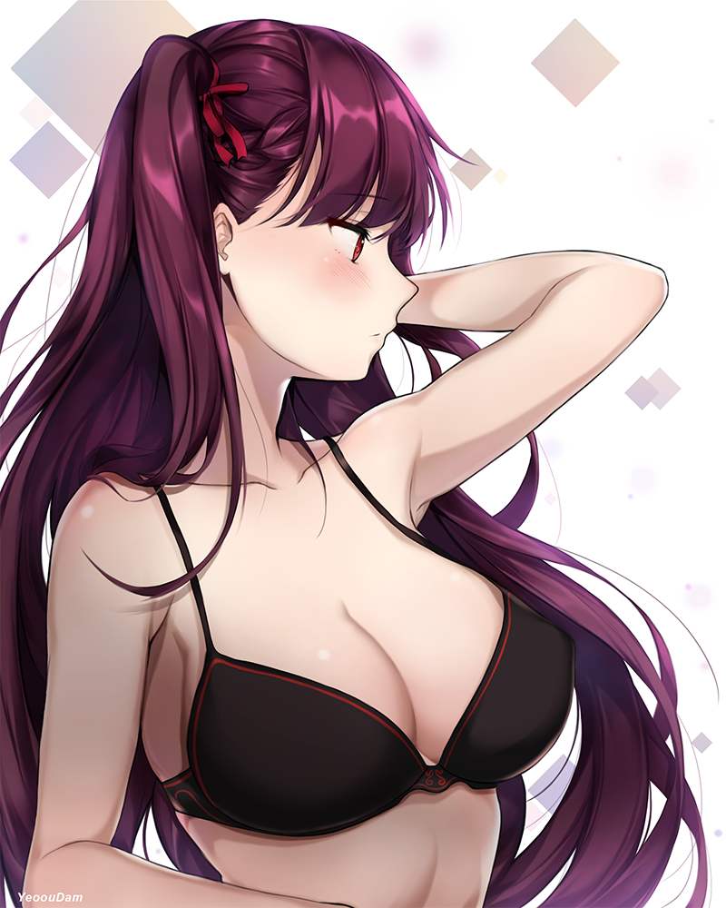 1girl, arm_at_side, arm_up, armpits, artist_name, bangs, bare_arms, black_bra, blush, bra, breasts, chocolate_hair, cleavage, closed_mouth, clothes_removed, collarbone, eyebrows_visible_through_hair, eyes_visible_through_hair, girls_frontline, hair_ribbon, half_updo, hand_in_hair, large_breasts, long_hair, looking_away, one_side_up, purple_hair, red_eyes, ribbon, side_ponytail, simple_background, solo, stomach, tsurime, underwear, underwear_only, upper_body, very_long_hair, wa2000_(girls_frontline), yeoohdam