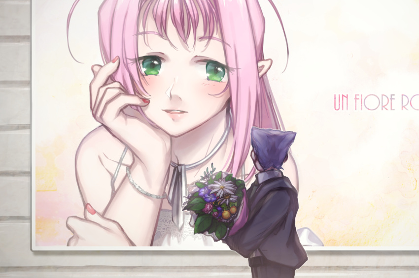 1boy, 1girl, bouquet, flower, gamlin_kizaki, green_eyes, macross, macross_7