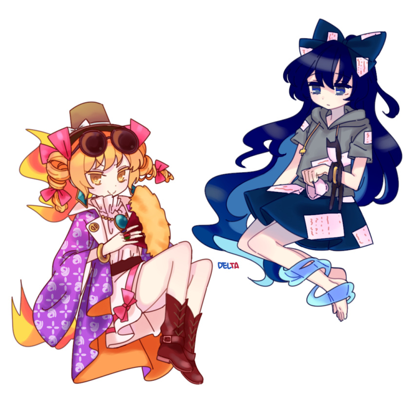 2girls, antinomy_of_common_flowers, barefoot, blue_eyes, blue_hair, bow, bracelet, broken, coat, crack, cup, de17a, dot_nose, drill_hair, fan, folding_fan, gold, hair_between_eyes, hair_bow, holding, holding_fan, holding_stuffed_animal, hood, hood_down, jewelry, long_hair, looking_at_another, looking_at_viewer, multiple_girls, open_clothes, open_coat, orange_hair, pink_bow, short_sleeves, siblings, sisters, skirt, smile, stuffed_animal, stuffed_toy, teacup, touhou, twin_drills, very_long_hair, white_background, yellow_eyes, yorigami_jo'on, yorigami_shion