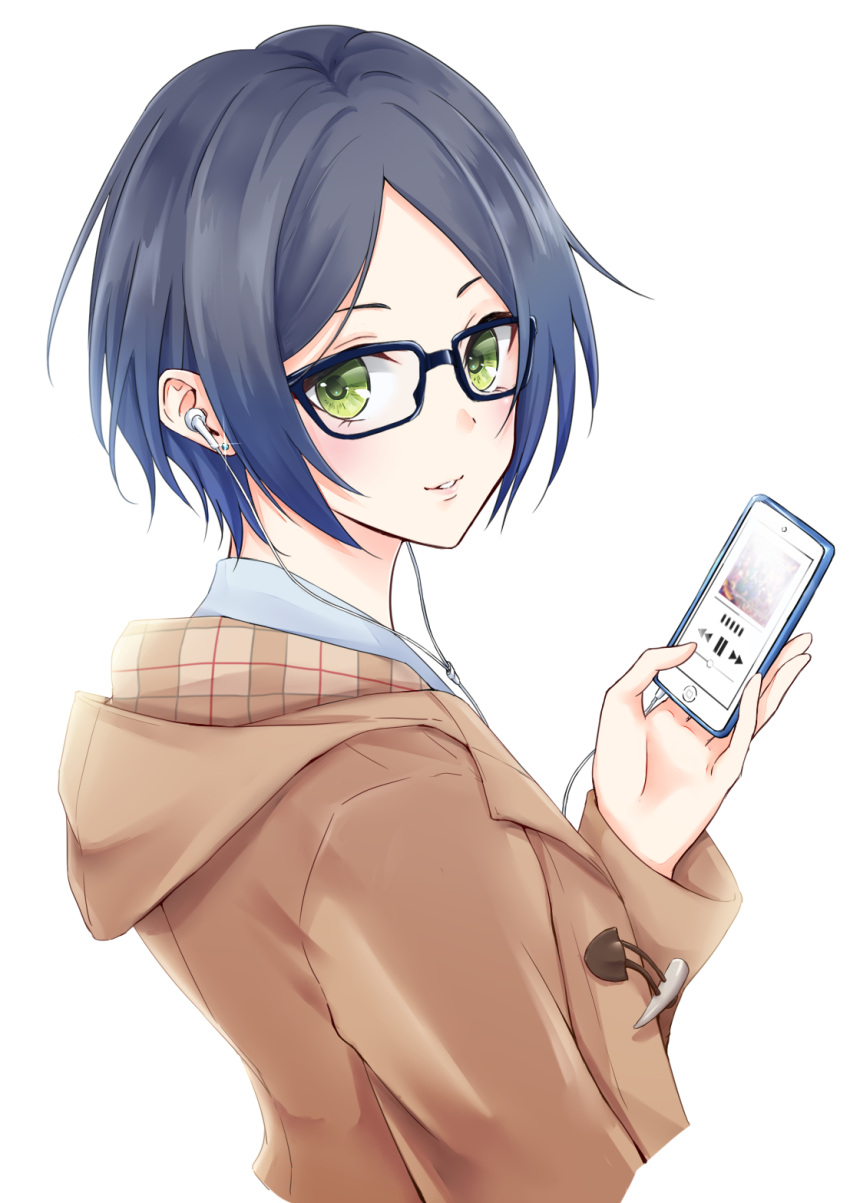 1girl, aoyashio_rin, bangs, black-framed_eyewear, black_hair, blush, brown_coat, cellphone
