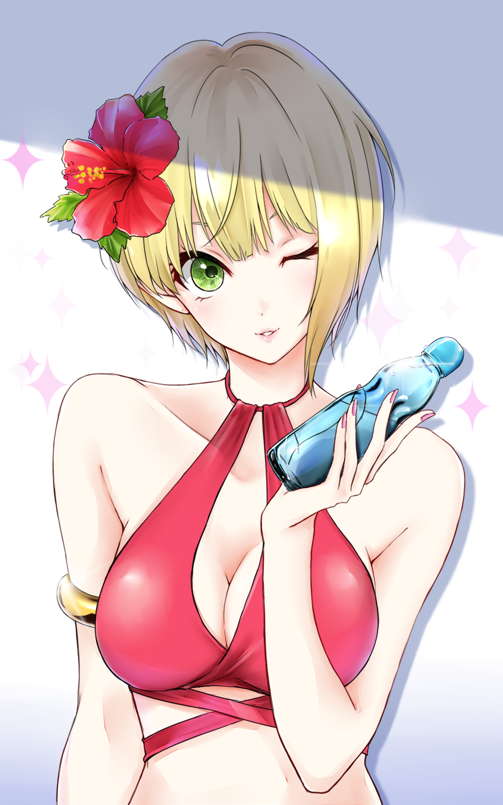 1girl, aoyashio_rin, arm_at_side, armlet, bangs, bare_arms, bare_shoulders, bikini