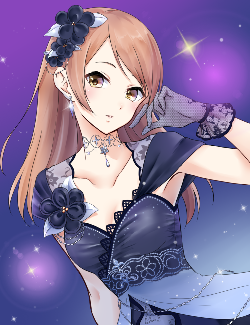 1girl, aoyashio_rin, arm_up, armpits, bangs, black_gloves, blue_dress, blush