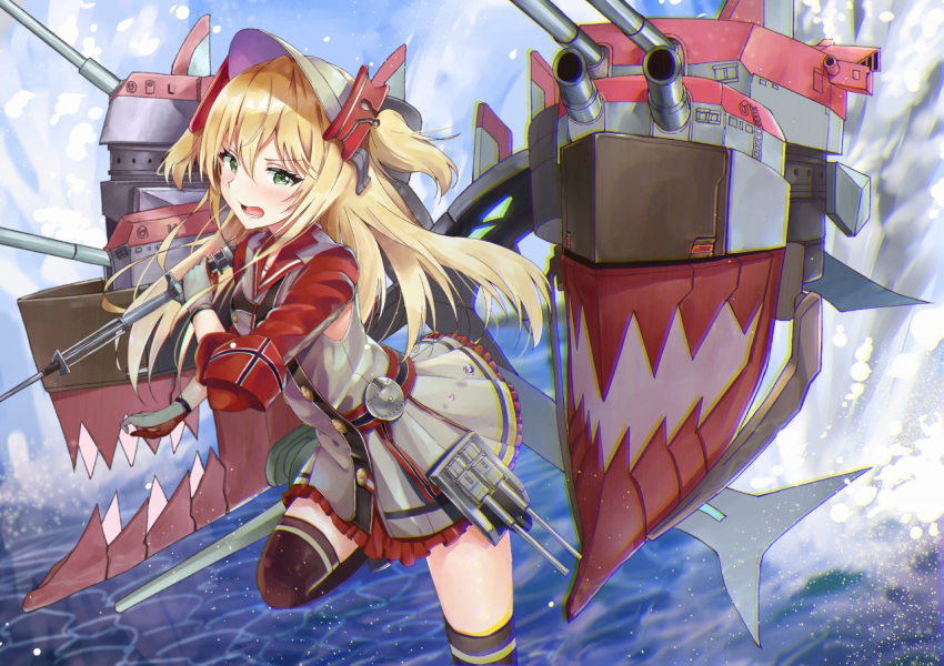1girl, admiral_hipper_(azur_lane), azur_lane, black_legwear, blonde_hair, blush, cannon, commentary_request