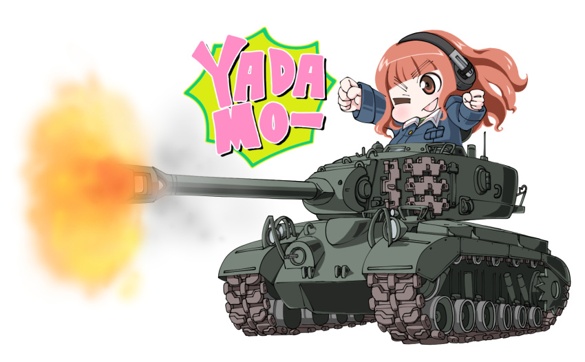 1girl, chibi, girls_und_panzer, ground_vehicle, headphones, highres, long_hair, m26_pershing