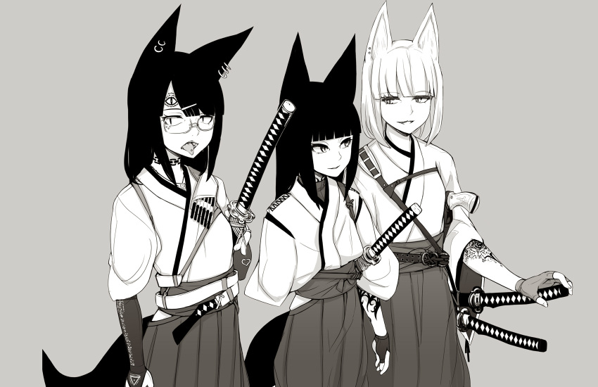 3girls, abubu, animal_ears, bangs, blunt_bangs, bridal_gauntlets, closed_mouth, ear_piercing