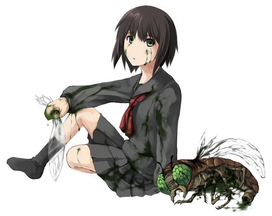 bug, green_eyes, green_hair, insect, monster, original, rike_(pixiv), school