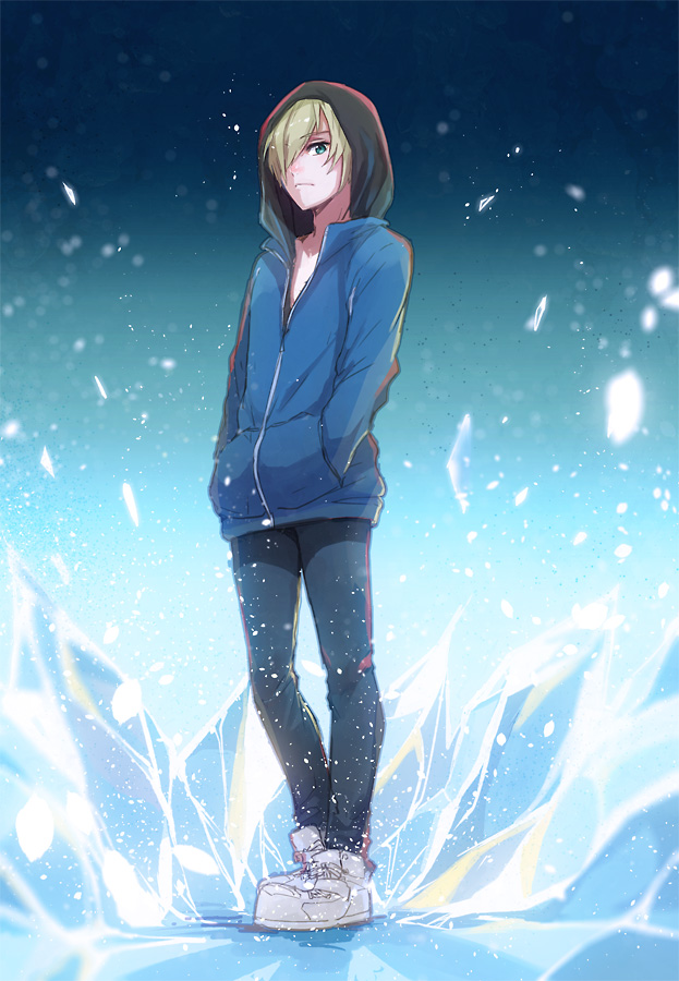 1boy, blonde_hair, green_eyes, hair_over_one_eye, hands_in_pockets, hood, hoodie, ice
