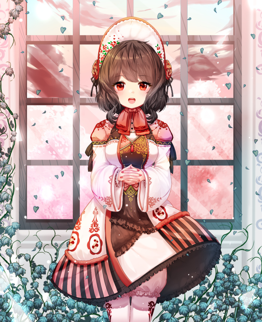1girl, :d, bloomers, blush, bonnet, breasts, brown_hair, cowboy_shot