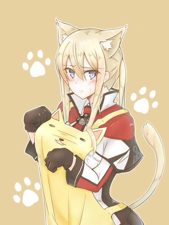 1girl, 702_(naotsu), animal_ears, animal_print, apron, bangs, black_gloves, blonde_hair, blue_eyes, blush, brown_background, capelet, cat_ears, cat_print, cat_tail, closed_mouth, eyebrows_visible_through_hair, frown, gloves, graf_zeppelin_(kantai_collection), hair_between_eyes, kantai_collection, kemonomimi_mode, long_hair, long_sleeves, looking_at_viewer, paw_background, paw_pose, shiny, shiny_hair, sidelocks, solo, sweat, tail, twintails, upper_body, yellow_apron