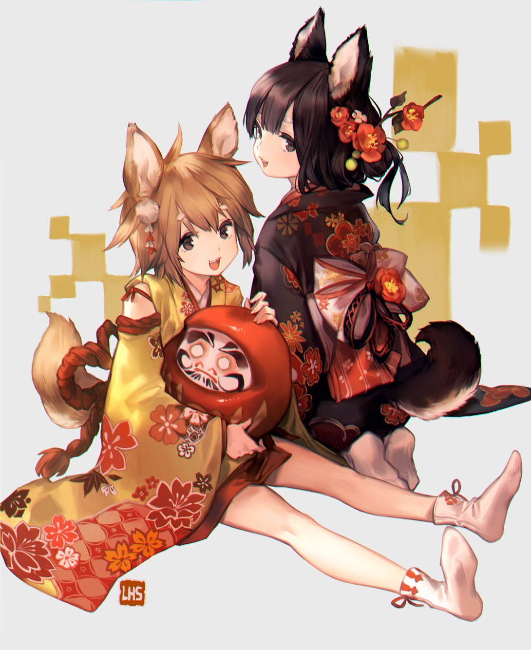 1boy, 1girl, 2018, :3, :d, animal_ears, black_hair, black_kimono