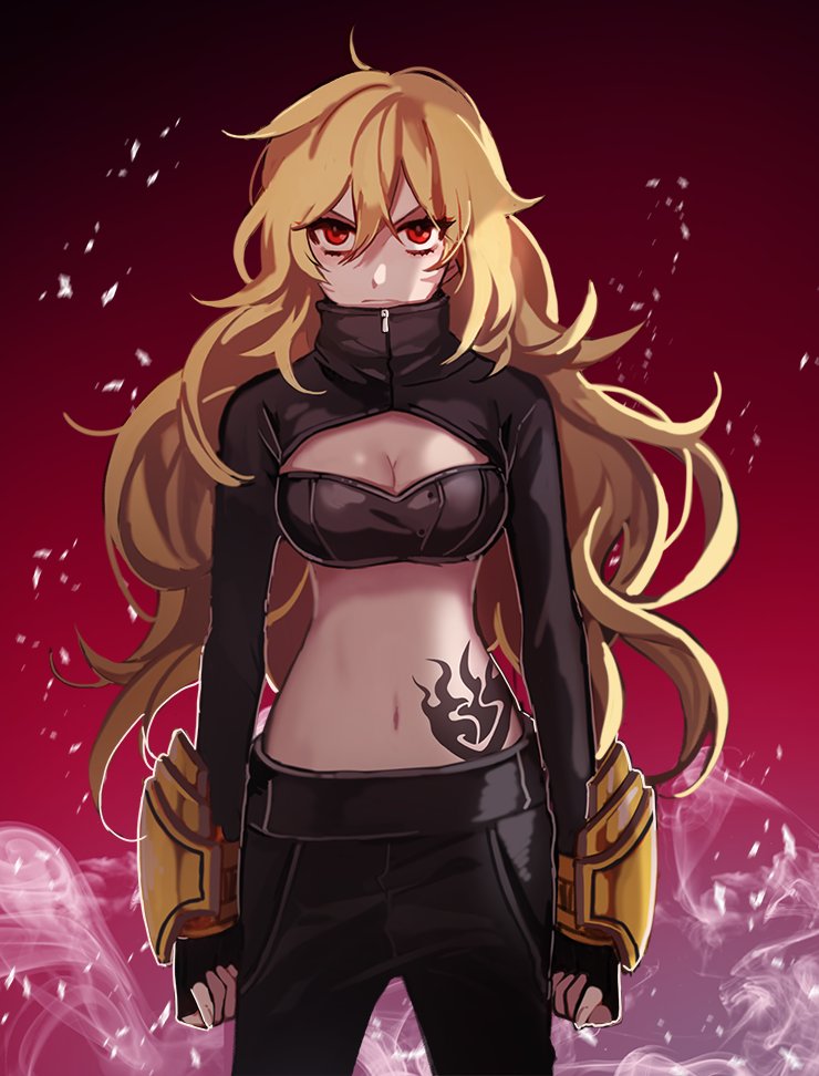 1girl, blonde_hair, breasts, cleavage, ecru, ember_celica_(rwby), looking_at_viewer, navel