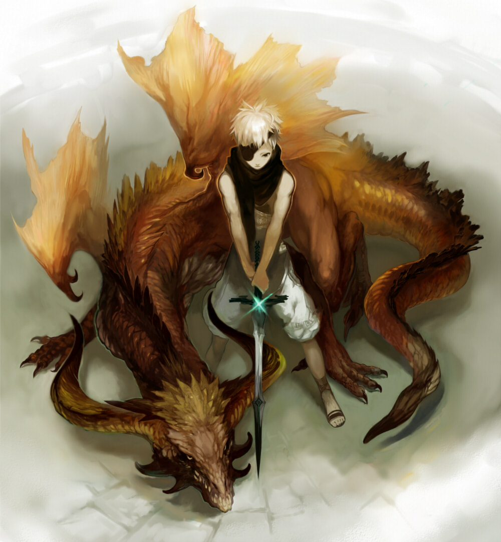 bare_shoulders, dragon, eyepatch, fantasy, jimu_kaji, male, original, sandals, scarf, sword, weapon, white_hair
