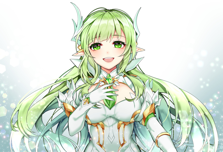 1girl, :d, colored_eyelashes, daybreaker_(elsword), elsword, gloves, green_eyes, green_hair, green_neckwear, hamericano, hand_on_own_chest, long_hair, looking_at_viewer, necktie, open_mouth, pointy_ears, rena_(elsword), smile, solo, upper_body, white_gloves