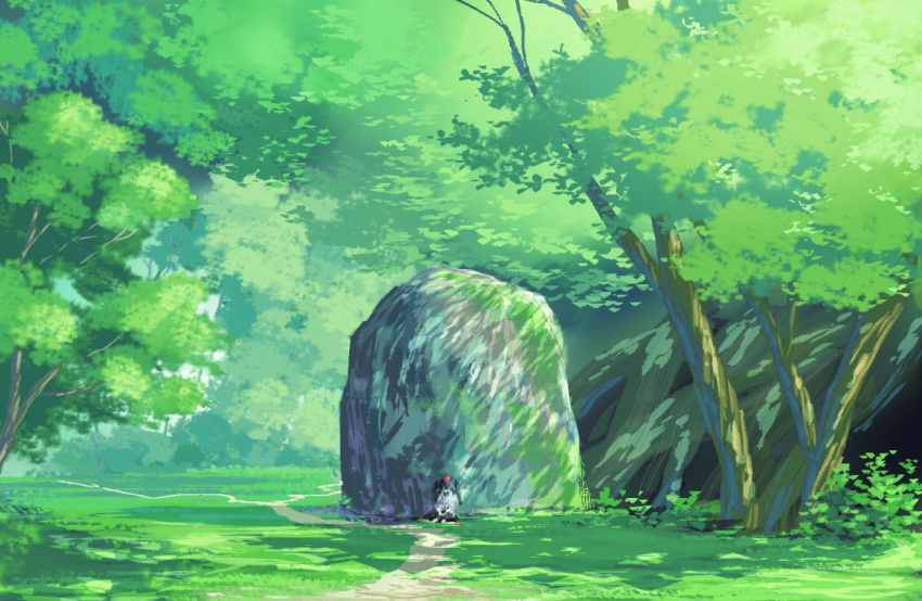 1girl, against_rock, black_hair, black_skirt, blouse, bush, commentary_request, day