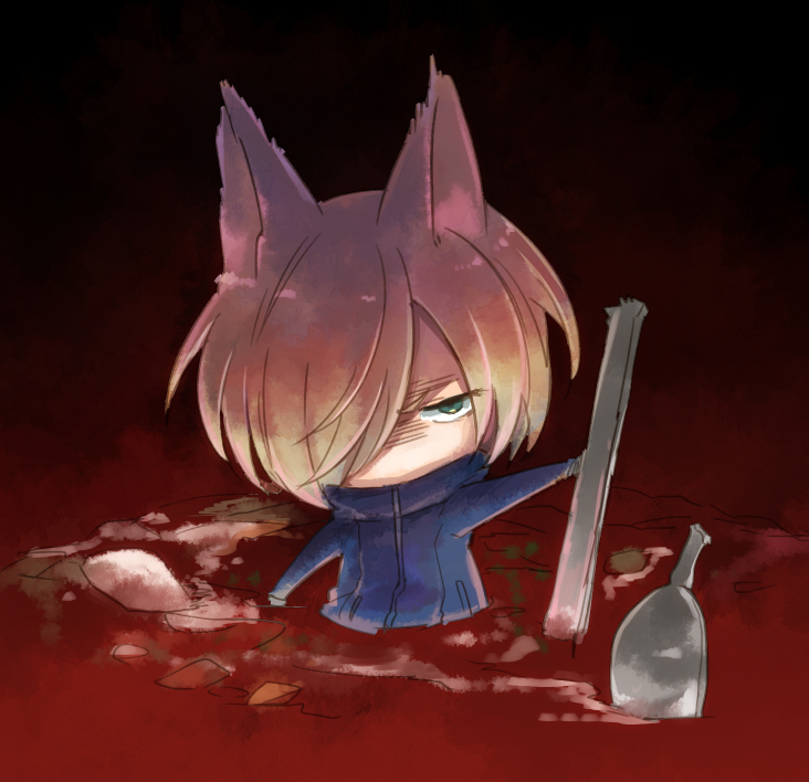 1boy, animal_ears, blonde_hair, borscht_(food), broken, cat_ears, chibi, food