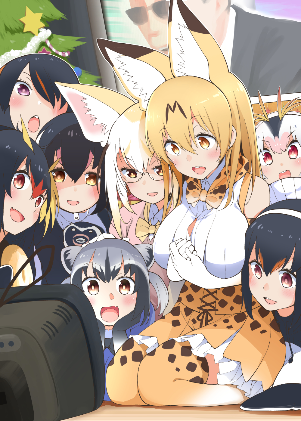 6+girls, :d, :o, alternate_breast_size, alternate_hair_length, alternate_hairstyle, animal_ears, antenna_hair, bare_shoulders, bespectacled, black-framed_eyewear, black_gloves, black_hair, blonde_hair, blush, bow, bowtie, breasts, brown_eyes, cleavage_cutout, collared_shirt, common_raccoon_(kemono_friends), crt, elbow_gloves, emperor_penguin_(kemono_friends), eyebrows_visible_through_hair, fang, fennec_(kemono_friends), fox_ears, gentoo_penguin_(kemono_friends), glasses, gloves, grey_hair, hair_between_eyes, hairband, hayashi_(l8poushou), high-waist_skirt, highres, humboldt_penguin_(kemono_friends), kemono_friends, large_breasts, lips, long_hair, multicolored_hair, multiple_girls, older, open_mouth, orange_eyes, orange_hair, orange_neckwear, orange_skirt, own_hands_together, pink_lips, pink_sweater, pleated_skirt, raccoon_ears, red_eyes, rockhopper_penguin_(kemono_friends), round_teeth, royal_penguin_(kemono_friends), seiza, serval_(kemono_friends), serval_ears, serval_print, shirt, short_hair, sitting, skirt, sleeveless, sleeveless_shirt, smile, streaked_hair, sweater, teeth, television, thigh-highs, under-rim_eyewear, violet_eyes, white_gloves, white_hair, wing_collar