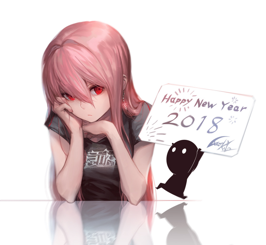 1girl, 2018, bangs, earrings, hair_between_eyes, hand_on_own_cheek, happy_new_year, highres