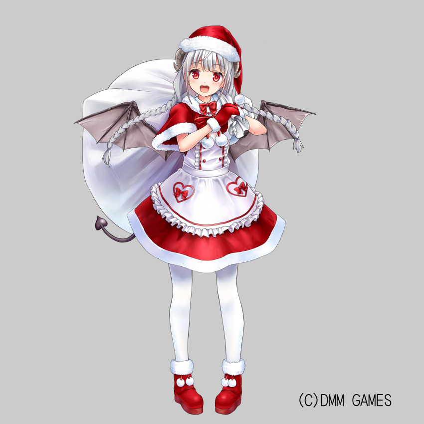 1girl, :d, absurdres, apron, bangs, black_wings, blush, boots, braid, capelet, center_frills, character_request, collared_shirt, commentary_request, demon_horns, demon_tail, demon_wings, eyebrows_visible_through_hair, frilled_apron, frills, full_body, fur-trimmed_boots, fur-trimmed_capelet, fur-trimmed_mittens, fur_trim, grey_background, hat, highres, holding, holding_sack, horns, long_hair, looking_at_viewer, low_twintails, mittens, official_art, okiru, open_mouth, pantyhose, pocket, pom_pom_(clothes), rebless, red_capelet, red_eyes, red_footwear, red_mittens, red_skirt, sack, santa_boots, santa_costume, santa_hat, shirt, silver_hair, simple_background, skirt, smile, solo, standing, tail, twin_braids, twintails, very_long_hair, waist_apron, white_apron, white_legwear, white_shirt, wings