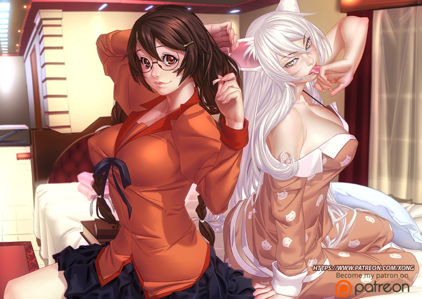 2girls, animal_ears, animal_print, arm_support, back-to-back, bed, black_hanekawa, breasts