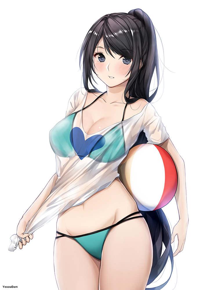 1girl, aqua_bikini, ball, bangs, beachball, bikini, black_hair, blush