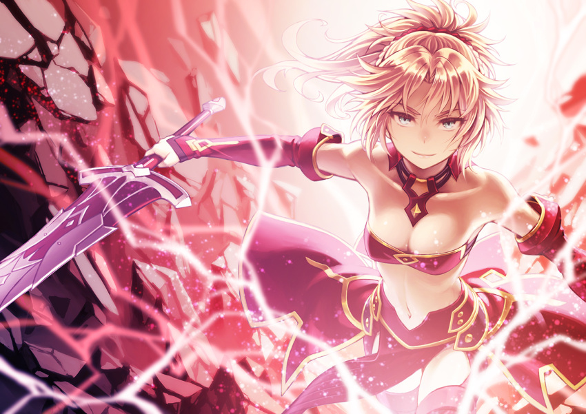 1girl, bandeau, bangs, bare_shoulders, blonde_hair, braid, breasts, clarent