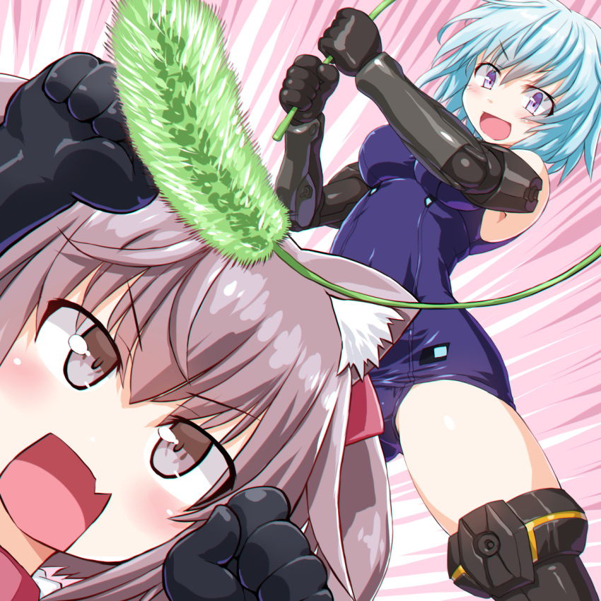 2girls, animal_ears, bangs, bare_shoulders, black_gloves, black_legwear, blue_hair, breasts