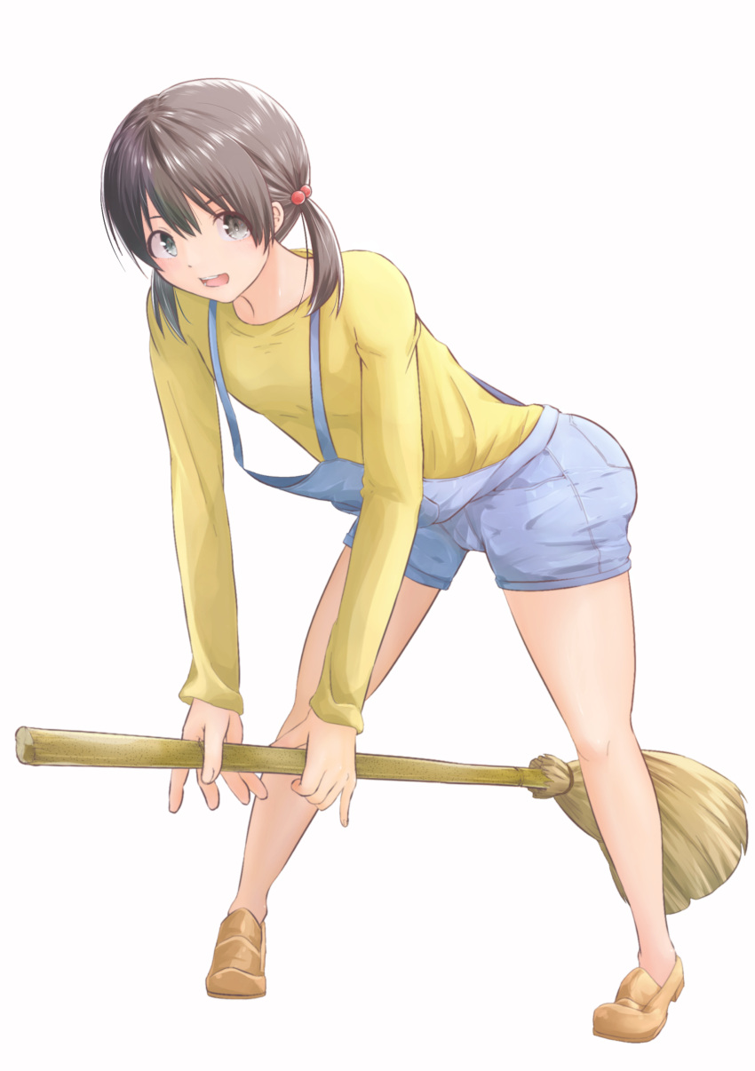 1girl, absurdres, blush, broom, brown_hair, eyebrows_visible_through_hair, flying_witch, full_body