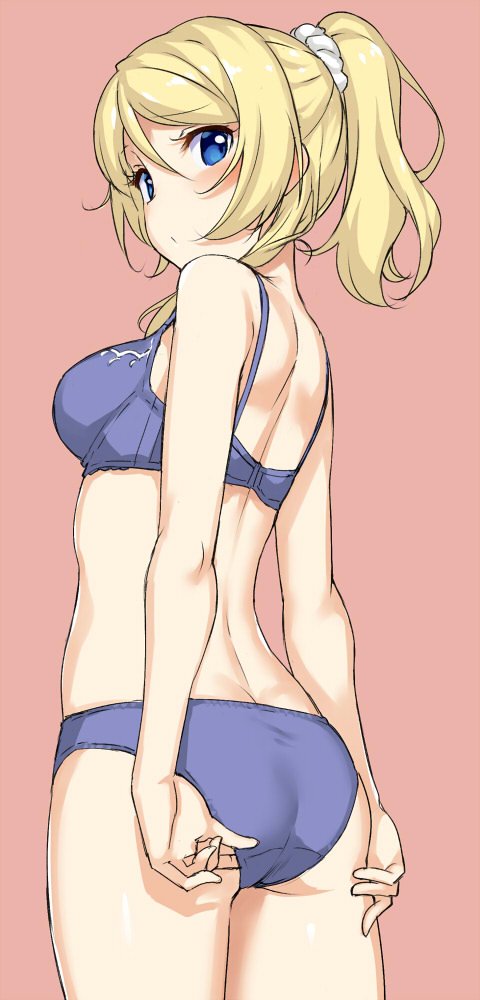 1girl, adjusting_clothes, adjusting_panties, ass, ayase_eli, back, bare_arms, bare_shoulders