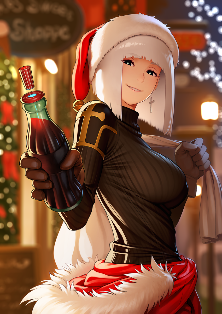 1girl, armor, backlighting, bangs, bell, black_eyes, black_sweater, blunt_bangs, blurry, blurry_background, bokeh, bottle, breasts, bright_pupils, brown_gloves, christmas, christmas_lights, clothes_around_waist, cola, copyright_request, cross, cross_earrings, depth_of_field, earrings, from_behind, fur-trimmed_hat, fur_trim, gloves, go_robots, hat, highres, holding, holding_bottle, impossible_clothes, impossible_sweater, jacket_around_waist, jewelry, jingle_bell, large_breasts, long_sleeves, looking_at_viewer, looking_back, mole, mole_under_eye, offering_drink, over_shoulder, parted_lips, red_hat, sack, santa_hat, short_hair, shoulder_armor, sign, smile, soda_bottle, solo, striped, sweater, turtleneck, turtleneck_sweater, twisted_torso, vertical_stripes, white_hair