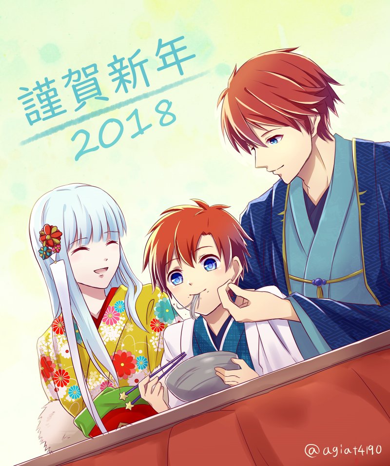 1girl, 2018, 2boys, blue_eyes, blue_hair, cape, closed_eyes, eliwood_(fire_emblem), fire_emblem, fire_emblem:_fuuin_no_tsurugi, fire_emblem:_rekka_no_ken, fire_emblem_heroes, japanese_clothes, kazame, kimono, long_hair, mamkute, multiple_boys, ninian, redhead, roy_(fire_emblem), short_hair, smile, younger