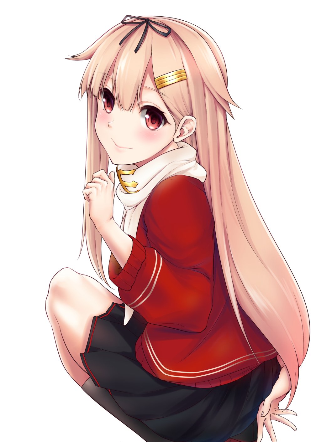 1girl, alternate_costume, bangs, black_legwear, black_ribbon, black_skirt, blonde_hair, blush