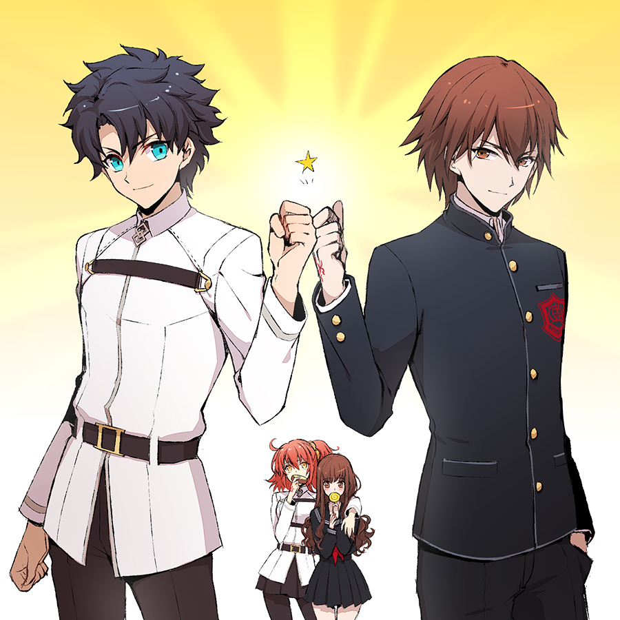 2boys, 2girls, ahoge, brown_eyes, brown_hair, candy, fate/extra, fate/grand_order