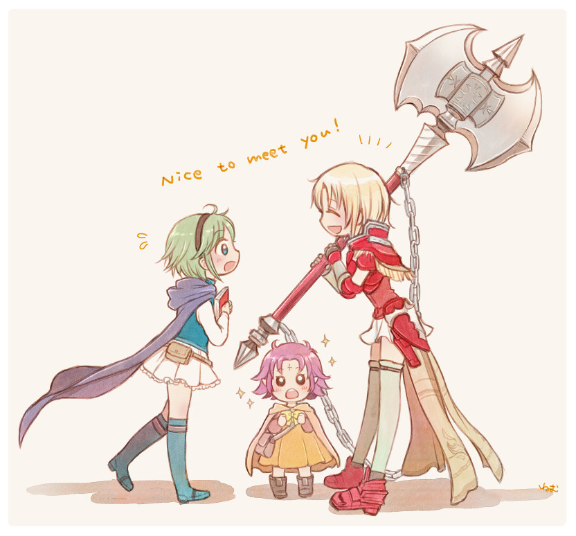 /\/\/\, 3girls, amelia_(fire_emblem), armor, armored_boots, artist_name, axe, bag