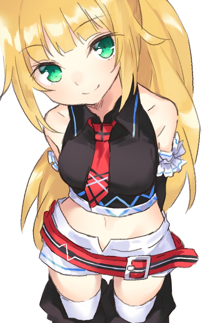 1girl, belt, blancpig_yryr, blonde_hair, breasts, dengekiko, from_above, green_eyes