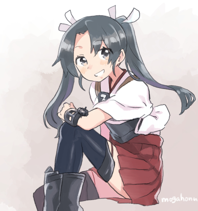 1girl, :d, black_footwear, black_legwear, blush, boots, brown_background, eyebrows_visible_through_hair, gradient, gradient_background, green_hair, grin, hair_ribbon, hakama_skirt, invisible_chair, japanese_clothes, kantai_collection, kimono, knee_boots, long_hair, miko, mogamiya_honu, muneate, open_mouth, ribbon, short_sleeves, side_ponytail, sitting, smile, tareme, tasuki, teeth, thigh-highs, thigh_boots, thighhighs_under_boots, twintails, white_kimono, white_ribbon, zuikaku_(kantai_collection)