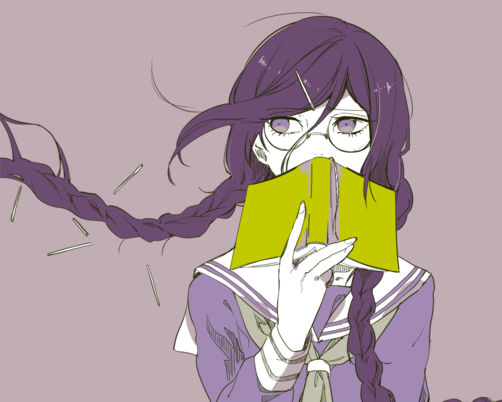 1girl, book, braid, chiyo_(min0yoko), dangan_ronpa, dangan_ronpa_1, fukawa_touko, glasses, hair_tie, holding, holding_book, long_hair, purple_hair, school_uniform, serafuku, simple_background, solo, twin_braids, very_long_hair, violet_eyes