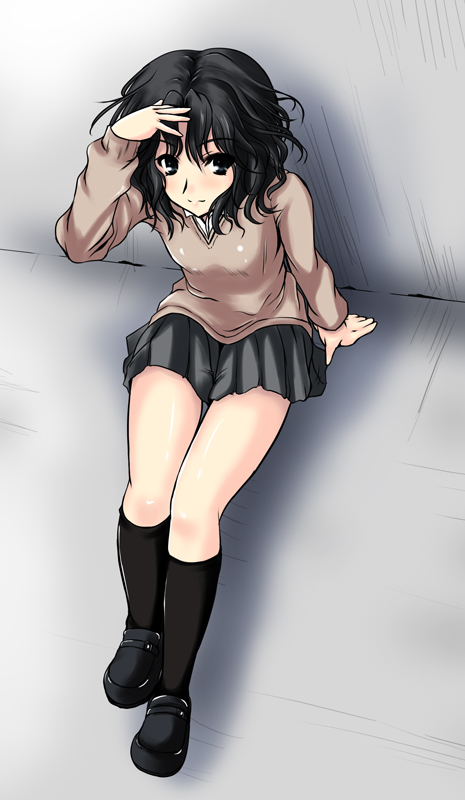 1girl, amagami, black_hair, curly_hair, johnny_(artist), johnny_(from_scratch), looking_up, miniskirt, pleated_skirt, school_uniform, short_hair, sitting, skirt, smile, socks, solo, sweater, tanamachi_kaoru, wavy_hair