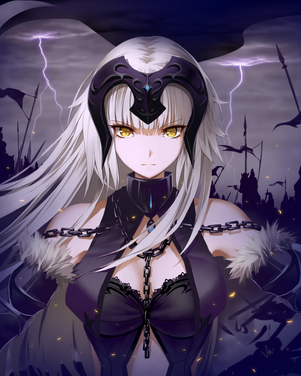 1girl, armor, bare_shoulders, between_breasts, blonde_hair, breasts, chains, closed_mouth