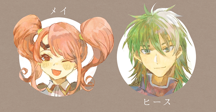 1boy, 1girl, brown_background, circlet, fire_emblem, fire_emblem:_rekka_no_ken, fire_emblem_echoes:_mou_hitori_no_eiyuuou, green_eyes, green_hair, heath, mae_(fire_emblem), multicolored_hair, one_eye_closed, open_mouth, pink_hair, portrait, red_eyes, shourou_kanna, simple_background, twintails, two-tone_hair, white_hair