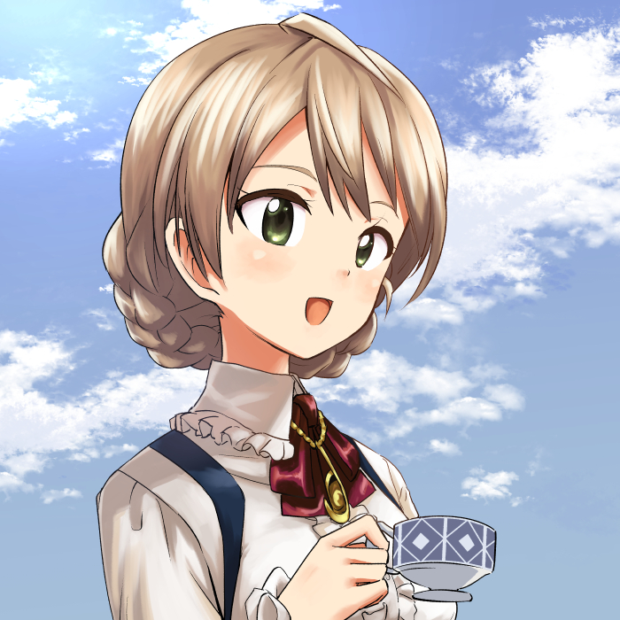 1girl, :d, aki_(makinoakira), bangs, blonde_hair, braid, clouds, cloudy_sky
