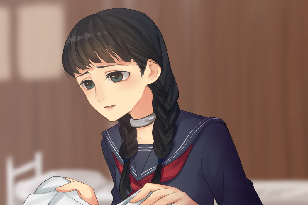 1girl, amazakesakumi1222, battle_royale, black_hair, blue_eyes, braid, collar, long_hair