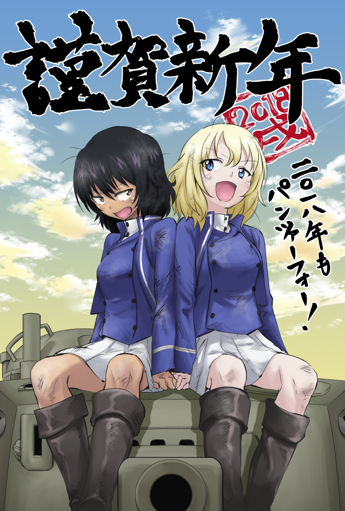 2girls, aki_(makinoakira), andou_(girls_und_panzer), arl-44, bc_freedom_military_uniform, black_footwear, black_hair, blonde_hair