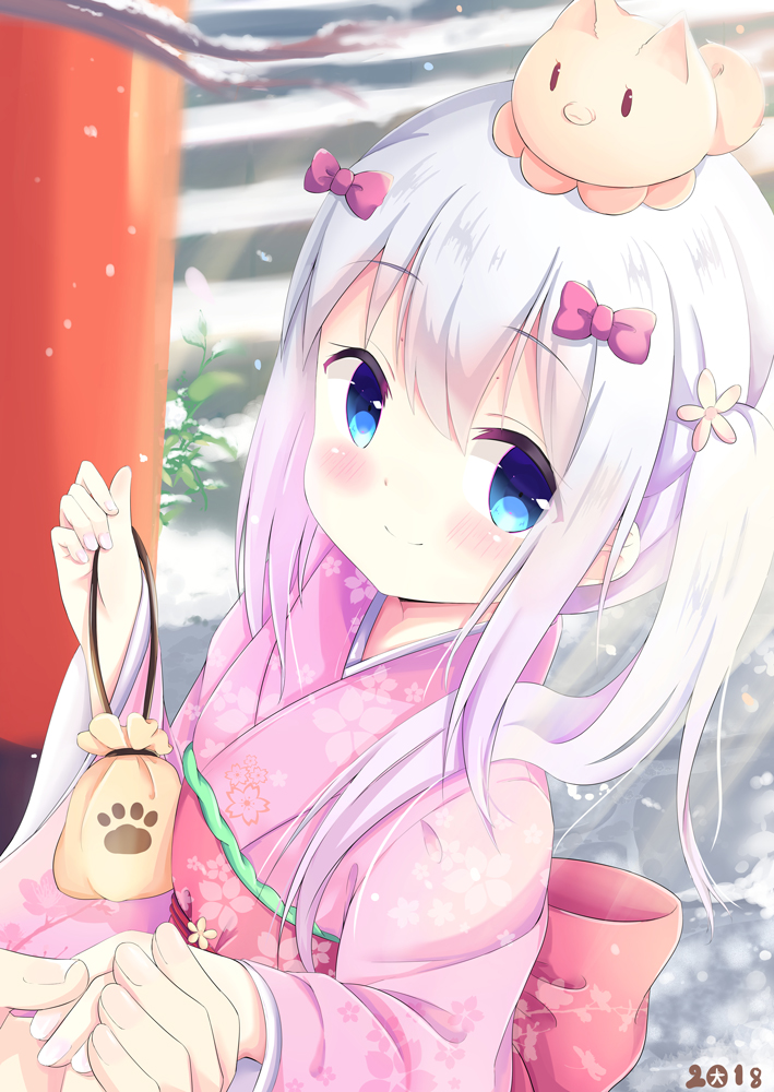 1girl, 2018, alternate_hairstyle, blue_eyes, blush, bow, closed_mouth, commentary_request