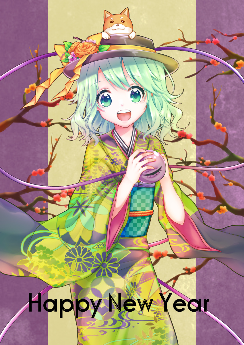 1girl, :d, absurdres, alternate_costume, animal, animal_on_head, black_hat, boater_hat, checkered, checkered_obi, cowboy_shot, dog, english, eyeball, eyebrows_visible_through_hair, floral_print, flower, green_eyes, green_hair, happy_new_year, hat, hat_ribbon, highres, holding, japanese_clothes, kimono, komeiji_koishi, long_sleeves, looking_at_viewer, multicolored, multicolored_background, new_year, obi, on_head, open_mouth, plum_blossoms, print_kimono, ribbon, rnkgmn, sash, short_hair, smile, solo, teeth, third_eye, touhou, two-tone_background, unmoving_pattern, wavy_hair, wide_sleeves